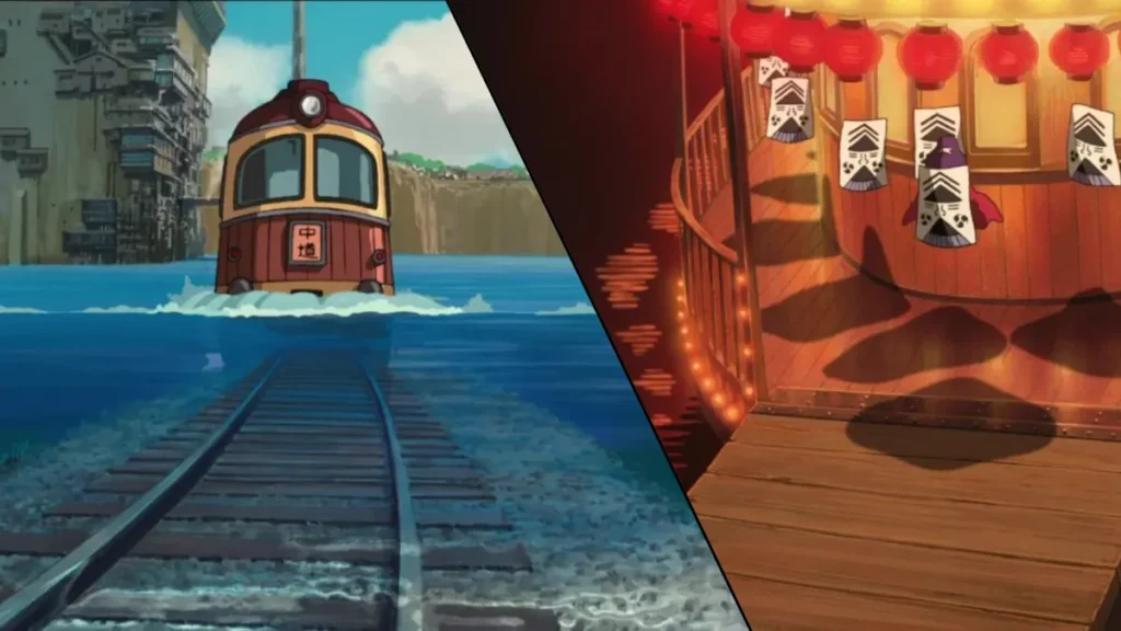 Comparativa del tren atravesando aguas inundadas y el interior lujoso del mismo tren con sombras de pasajeros en El viaje de Chihiro