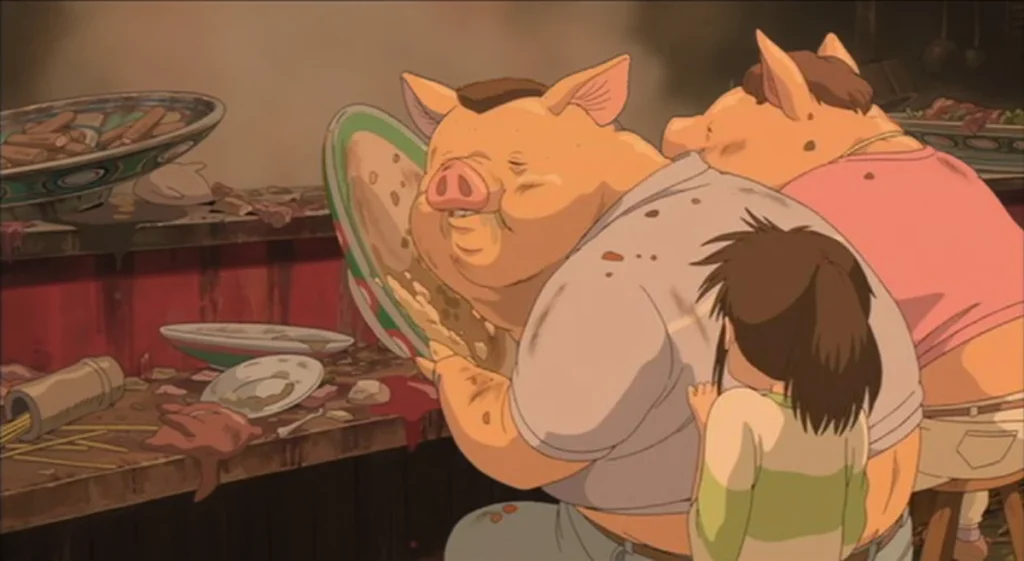 El castigo por la codicia: los padres de Chihiro se transforman en cerdos tras comer sin permiso en el mundo espiritual.