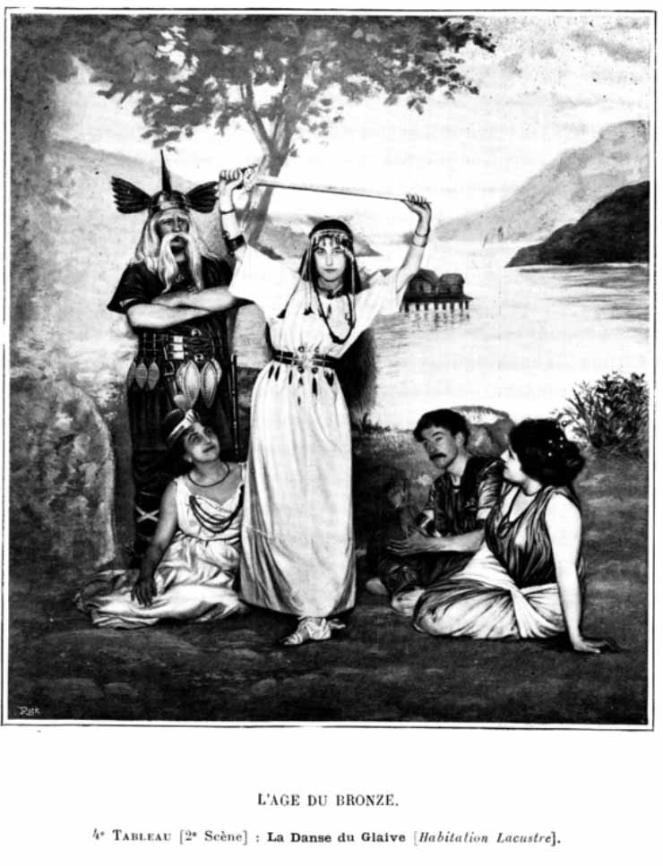 Personas en la prehistoria Edad de Bronce en un lago con diadema de Troya