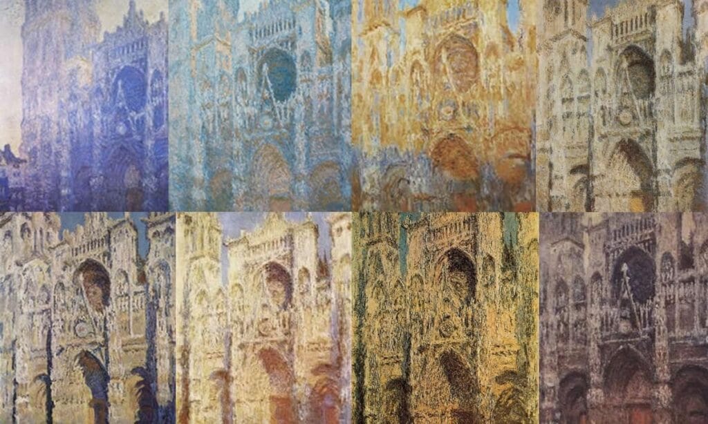 Imagen de la serie 'Catedral de Rouen' de Claude Monet, que captura la fachada gótica en diferentes horas del día y estaciones. Cada pintura explora cómo la luz transforma la arquitectura, uno de los grandes ejemplos del Impresionismo